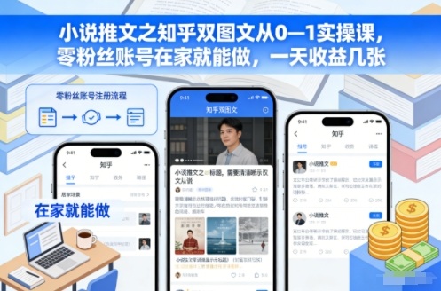 小说推文之知乎双图文从0—1实操课，零粉丝账号在家就能做，一天收益几张-界海网创