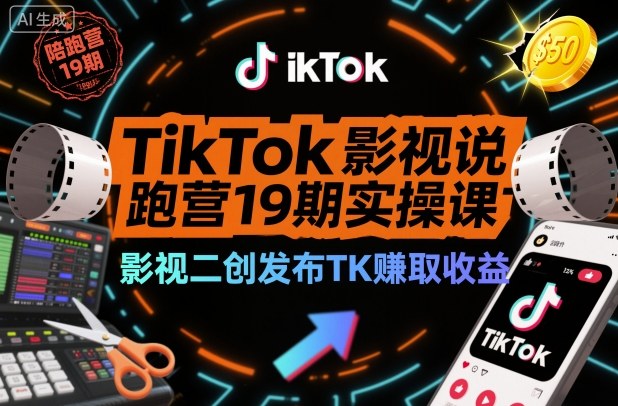 TikTok影视解说陪跑营19期实操课,影视二创发布TK賺取收益,万播收益50美金(更新)-界海网创