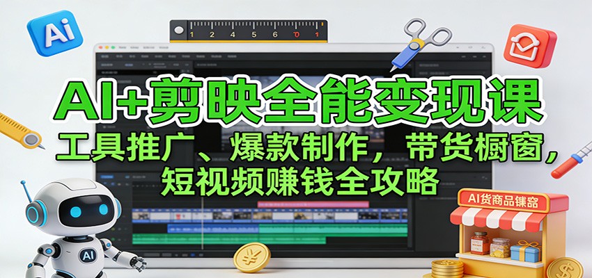 AI+剪映全能变现课：工具推广、爆款制作、带货橱窗，短视频赚钱全攻略-界海网创