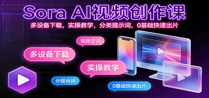Sora AI视频创作课：多设备下载，实操教学，分类提示词，0基础快速出片-界海网创