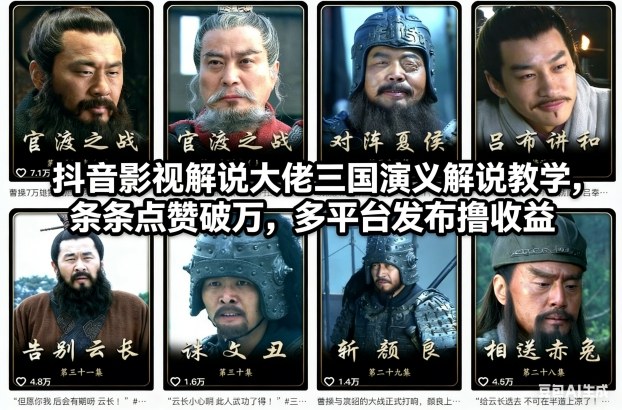 抖音影视解说大佬三国演义解说教学，条条点赞破万，多平台发布撸收益-界海网创
