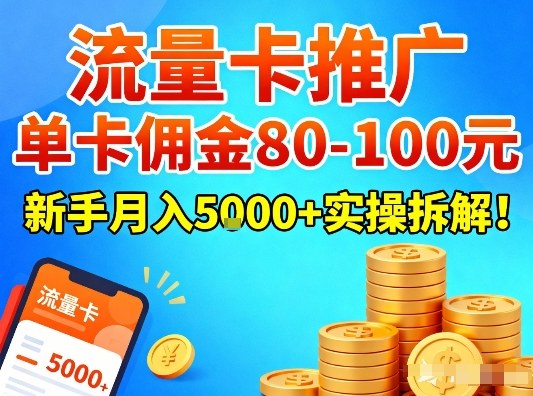 流量卡推广,单卡佣金80-100,新手月入5k+实操拆解!-界海网创