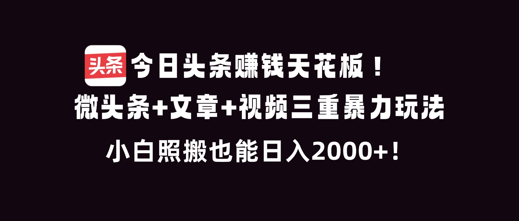 今日头条赚钱天花板!微头条+文章+视频三重暴利玩法,小白照搬也能日人2000+-界海网创