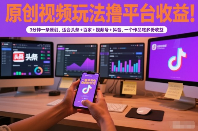 原创视频玩法撸平台收益,3分钟一条原创,适合头条+百家+视频号+抖音,一个作品吃多份收益-界海网创