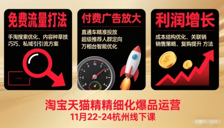 淘宝天猫精细化爆品运营11月22-24杭州线下课,免费流量打法+付费广告放大+利润增长(音频+文档)-界海网创
