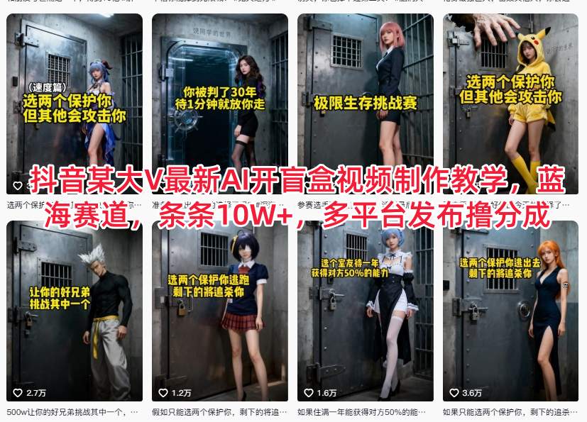 抖音某大V最新AI开盲盒视频制作教学,蓝海赛道,条条10W+,多平台发布撸分成-界海网创