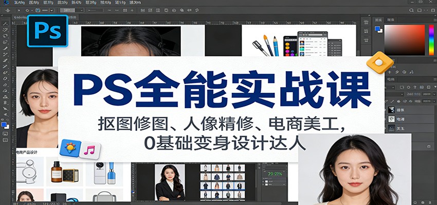 PS全能实战课：抠图修图、人像精修、电商美工，0基础变身设计达人-界海网创
